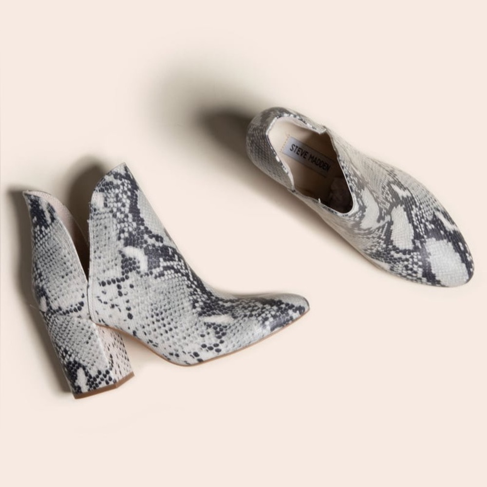 Steve Madden Rookie Beige Snake Print Open Ankle Closed Toe Slip On Bootie Heel